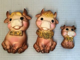 Vintage Chalkware Bull Cow & Calf Plaques Wall Hangings Retro Kitchen Decor