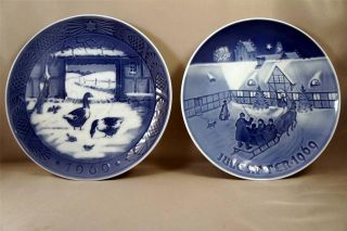 2 1969 Blue & White Royal Copenhagen Christmas Plates Guests & Barnyard Numbered