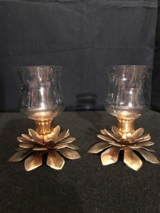 Vintage Set Of Lotus Flower Brass Candle Holders With Votive India Wedding B9