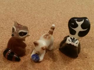 3 - Vintage Miniature Ceramic Skunk Cat Racoon Dollhouse Animals Figurines