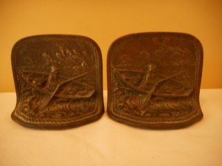 Pair Vintage Cast Iron Nautical Old Man And The Sea Fisherman Scene