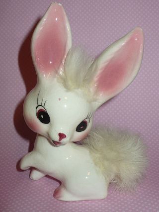 Vintage Ucagco Ceramic Bunny Rabbit Real Fur Tail Adorable Japan