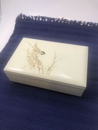 Vintage Otagiri Music Jewelry Box Lacquer White Birds,  Flowers Collectible Japan