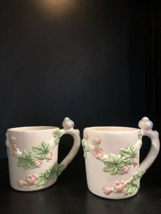 Set Of 2 Vintage 3d Surprise Mugs Flowers & Vines W/ Bird On Handle & Egg Inside