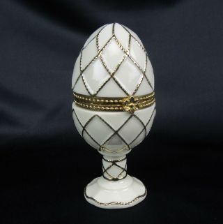 Vintage Porcelain Egg Trinket Box Hinged On Pedestal White And Gold 5 " Tall