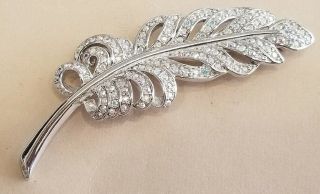 Stunning Htf Signed Swan Swarovski Crystal Feather Silver Tone Brooch Pin