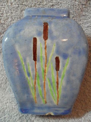 Vintage Ceramic Hand Painted Blue Vase Cattails