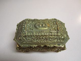 Vintage Gold Tone Metal Jewelry Casket Trinket Box Ornate.