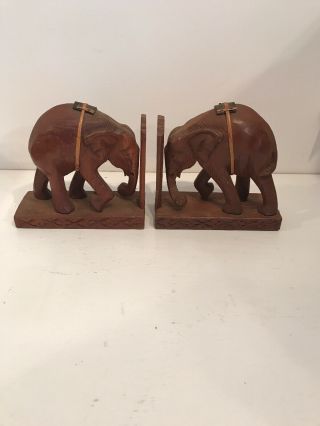 Vintage Hand Carved Wooden Elephants Bookends On Wood Bases