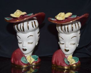 Vintage Porcelain Ladies Head Vases 4 3/4 " White Faces With Gold