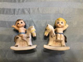 Vintage Ceramic Figurines Of Boy And Girl On Rocking Horses - Great Shape