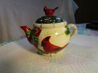 Lovely Yankee Candle Teapot Votive Holde &lid Red Cardinal Bird Winter Holiday