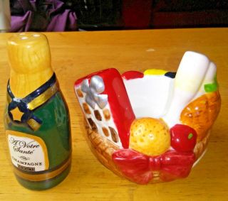 Wine Cheese Fruit Basket Salt & Pepper Shakers Multi - Color Ceramic 4.  5 in Tall 3