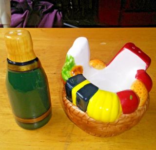 Wine Cheese Fruit Basket Salt & Pepper Shakers Multi - Color Ceramic 4.  5 in Tall 4