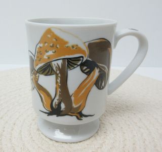 Vintage Mid Century Footed Coffee Cup Mug With Mushrooms Brown Gold White