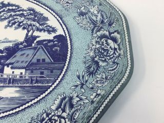 Large Vintage Dahr Decorated Metal Tin Serving Tray Platter Blue White Asian Sty