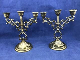 Set Of 2 Vintage Brass Small Candelabra Ornate 3 Candle Holder Made In Italy.