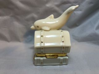 Lenox Dolphin Trinket Treasure Box Ivory Gold With Charm Chest Hinged Porcelain