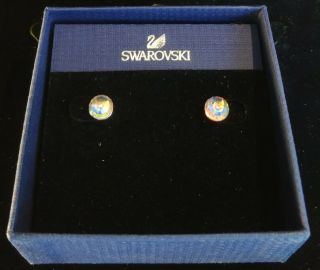 Swarovski Signed Swan Logo Silver Aurora Borealis Clear Crystals Earrings