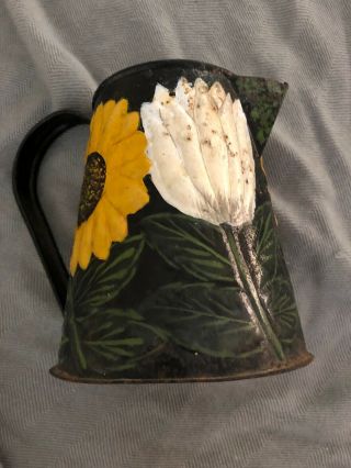 Vintage Hand Painted Floral Rustic Metal Pitcher - 6 " Tall