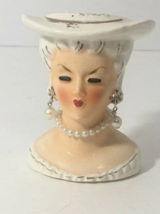 Vintage Tiny 3” Ceramic Lady Head Vase W/original Faux Pearl Earrings & Nexklace