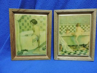 Vintage Framed Wall Ceramic Tile Set Of Two Children Bathing
