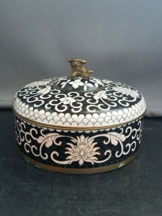 Vintage Cloisonne Black And White Box With Lid And Foo Dog