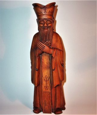 Old Oriental Asian Man Hand Carved Wood Art Sculpture Statue Figurine Vintage Vg