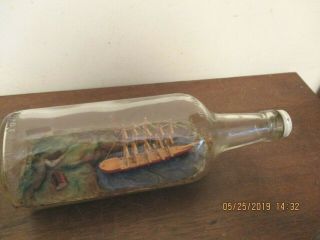Vintage Hand Made Detailed Ship In A Bottle Lighthouse Seashore Buildings