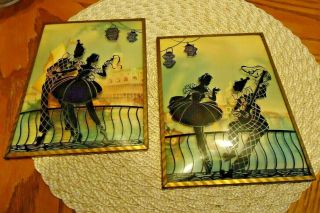 Vintage Silhouette Pictures Reverse Painted On Convex Glass Woman & Man Dancer 