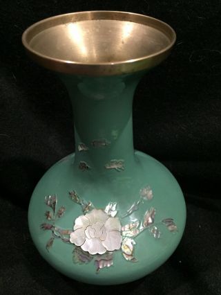 Vintage Enamel Over Brass Vase With Mother Of Pearl Flowers And Butterflies