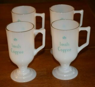 Vintage Irish Coffee Set Of 4 Mugs Federal Milk Glass White Green Shamrock