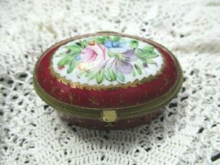 Aleppo Porcelain Hand Painted Trinket Box Gold Details Flowers Maroon Shell