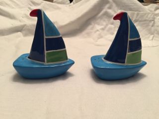 Vintage Ceramic Sailboat Salt Pepper Shakers Set Hand Painted China Blue Sea