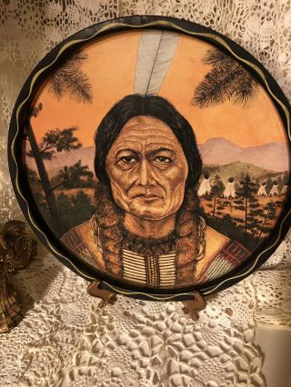 Vintage Painted Native American Indian Chief Serving Tray Plate Tin Rare
