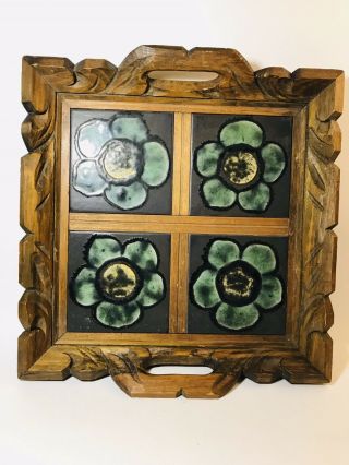 Vintage 1970’s Hand Carved Wooden Serving Tray With Flower Tiles Gorgeous