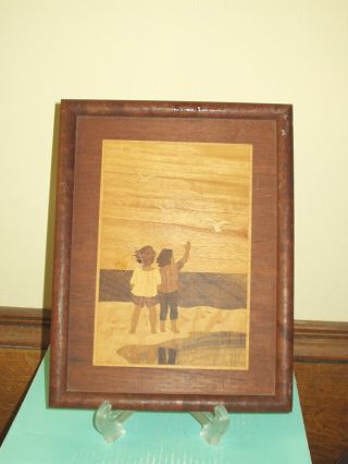 Vintage Wood Marquetry Inlay Picture In Frame: Children At The Seaside