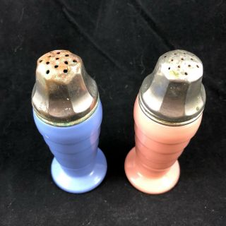Vintage Art Deco Blue and Pink Milk Glass Salt and Pepper Shakers 2