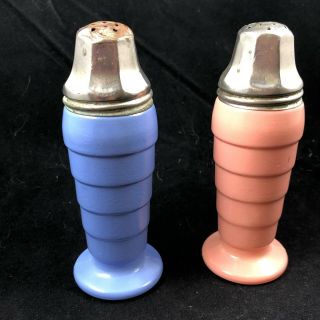 Vintage Art Deco Blue and Pink Milk Glass Salt and Pepper Shakers 3
