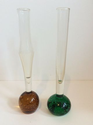 2 Vintage Clear Glass Bud Vase With A Controlled Bubble Base Brown Green