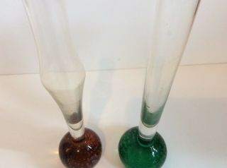 2 Vintage Clear Glass Bud Vase with A Controlled Bubble Base Brown Green 3
