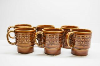 Set Of 6 Vintage Stackable Brown Ceramic Diner Cups Coffee Tea Mugs - Japan