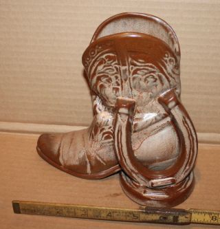 Frankoma Pottery Cowboy Boot & Lucky Horse Shoes 7.  5 " Brown/tan