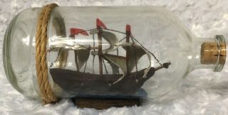 Vintage Ship In A Bottle Wooden Glass 7.  5 