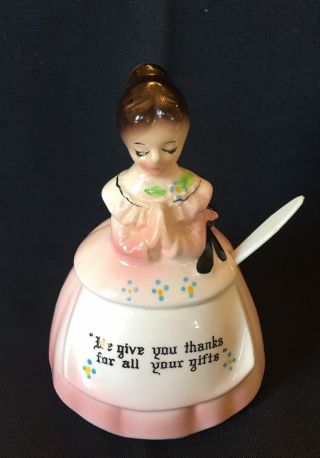 Enesco Mother In The Kitchen Prayer Lady Covered Sugar Bowl W/ Spoon Foil Label