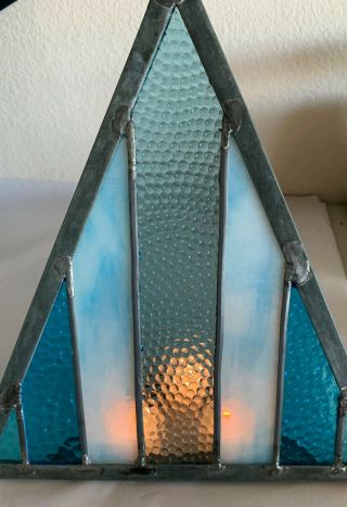 Vintage Blue Stained Glass Triangle Candle Holder / Shield Hand Made