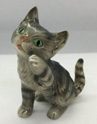 Vintage Goebel Porcelain Grey W/ Green Eye Kitty Cat Kitten Figurine W.  Germany