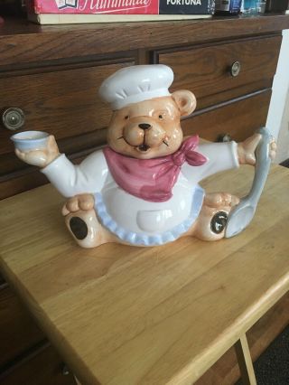 Teddy Bear Shaped Chef Teapot Coffee Ceramic Hand Painted Made In Taiwan