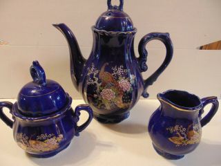 Blue Musical Tea Pot With Sugar Bowl And Creamer And Teacups