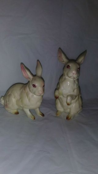 2 Vintage Lefton White Easter Bunny Rabbit Figurines.  H880.  W/labels